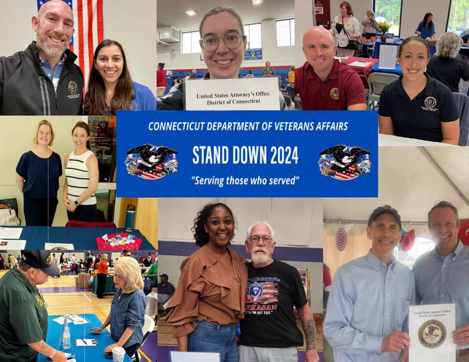 Photo Collage of members of the U.S. Attorney's Office at Stand Down events across Connecticut.  Banner in middle of collage says "Connecticut Department of Veterans, Stand Down 2024 "Serving those who served"