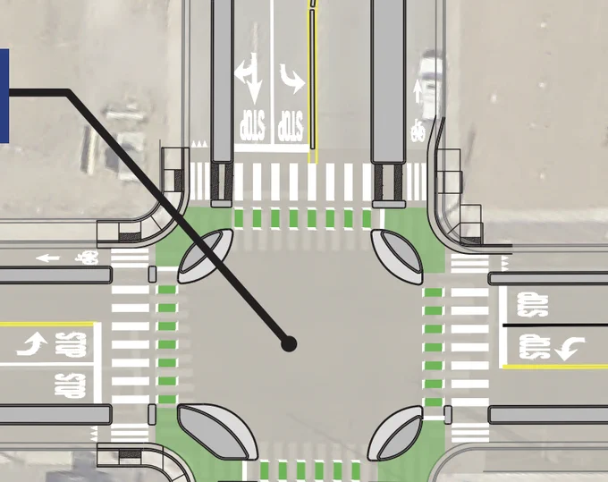 planning document for street improvements showing a protected intersection with bike lanes. One bike lane shows a car blocking it.
