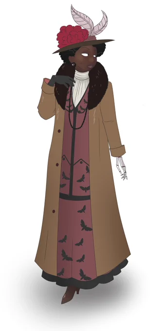 Jenny Ostertag wearing a fur coat over a red late Edwardian walking suit decorated with a pattern of flying moths. She has a large hat on her head decorated with red flowers and large pink feathers. She has a glove over her right hand, her left hand is just bones.