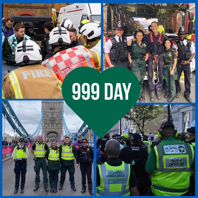 A split grid photo of emergency services workers with a green heart in the middle and text reading ‘999 Day’