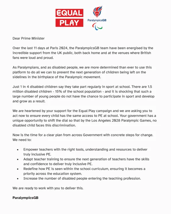 Equal Play: An open letter to the Prime Minister from the ParalympicsGB team

Read the full text on the link in the first reply