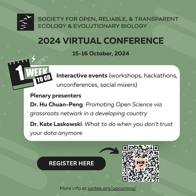 The image shows information about the coming 2024 SORTEE virtual conference on the 15th and 16th of October, 2024. The image contains a QR code to register via Humanitix, and provides information about the two plenary presenters: Dr. Hu Chuan-Peng, who will talk about Promoting Open Science via grassroots network in a developing country, and Dr. Kate Laskowski, who will talk about What to do when you don't trust your data anymore.