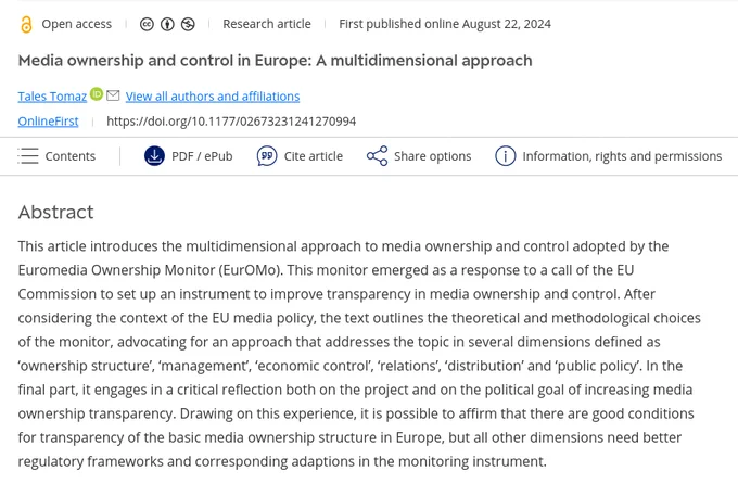 The image shows the abstract of the article "Media ownership and control in Europe: a multidimensional approach". The abstract begins with the following sentences:

This article introduces the multidimensional approach to media ownership and control adopted by the Euromedia Ownership Monitor (EurOMo). This monitor emerged as a response to a call of the EU Commission to set up an instrument to improve transparency in media ownership and control.

For the full abstract, please use the link in the next tweet.