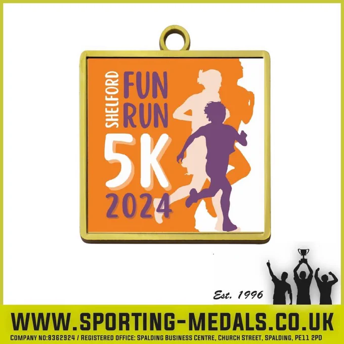 Mock up image of medal proof. Silhouettes of a man, woman & child running on an orange background. Sporting-medals.co.uk branding below