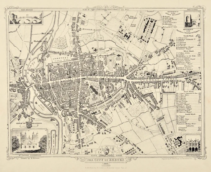 Street plan of Exeter entitled 'The City of Exeter 1835'. In the four corners of the street plan are four illustrations of Exeter landmarks: the Exe Bridge, the Castle, the Cathedral, and the Guildhall. It shows the spread of houses into St Leonard's and St Thomas, and other new developments, including Summerlands on Heavitree Road and Higher Barracks.