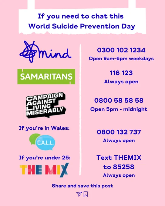 Promotional image listing mental health resources with contact information, including Mind, Samaritans, Campaign Against Living Miserably (CALM), and The Mix, with various available support options like phone numbers and text services.