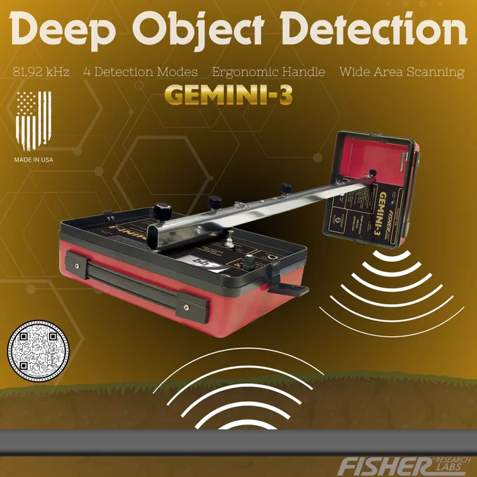 The Fisher Gemini-3 is a two-box metal detector designed for deep object detection and cache locating. Features a durable, lightweight design with 82 kHz crystal-controlled frequency and multiple detection modes. Ideal for prospectors, treasure hunters, and utility professionals.