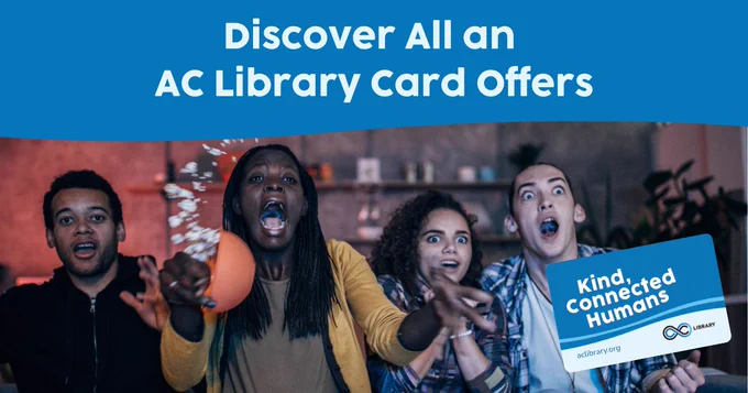 Image of a group of people watching television with text, Discover All an AC Library Card Offers"