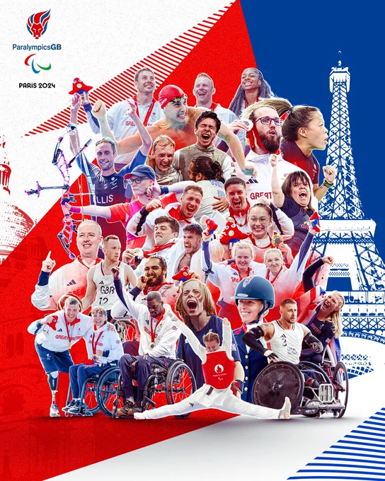 A collage of amazing ParalympicsGB athlete photos from Paris 2024 with the ParalympicsGB logo and the Eiffel Tower on red white and blue