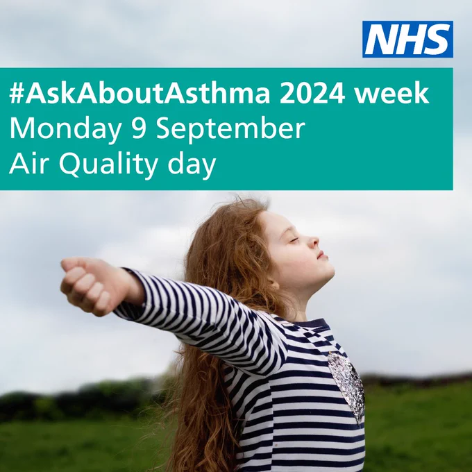A young girl breathing in air outdoors in a field with writing on top of the image that says #AskAboutAsthma 2024 week Monday 9 September Air Quality Day