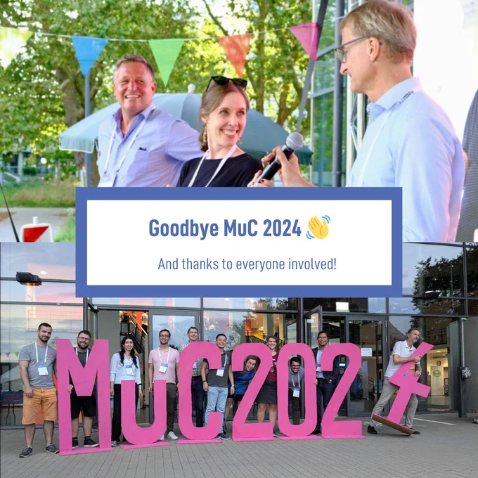 Two images of the conference: (1) The general chairs Alexander Mädche, Kathrin Gerling and Michael Beigl and (2) MuC 2025 organisers at the MuC 2024 letters.