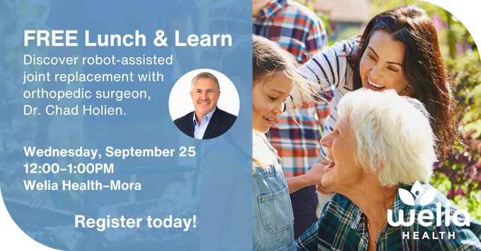 Free lunch and learn graphic with seniors with grandkids and chad holien below, date and time with welia health logo