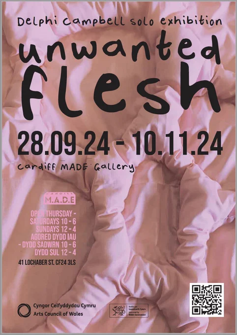 Poster for Delphi Campbell's 'unwanted flesh' exhibition. Text with information is overlayed over a pink sculptural textile artwork.
