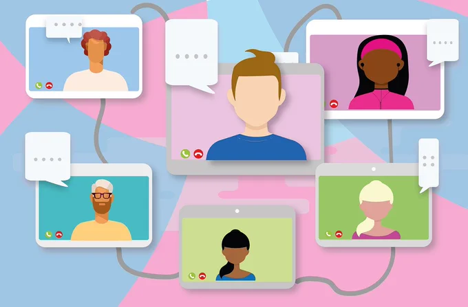 Cartoon people from different backgrounds connecting online and communicating together
