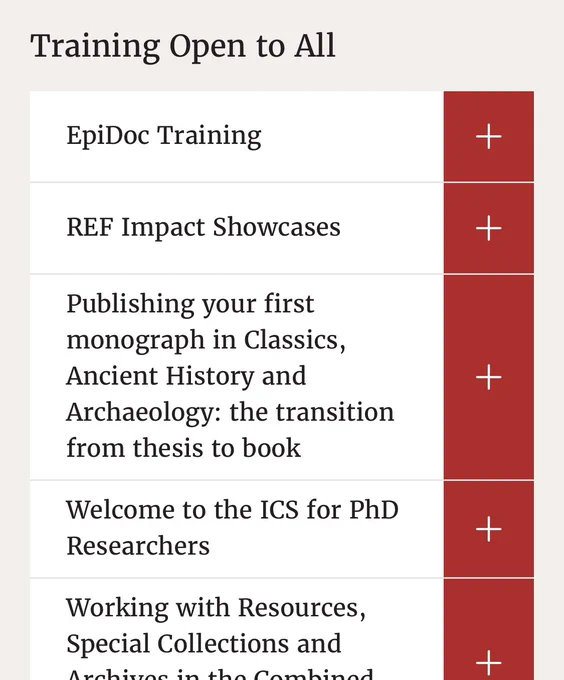 Website screenshot showing a list of research training activities