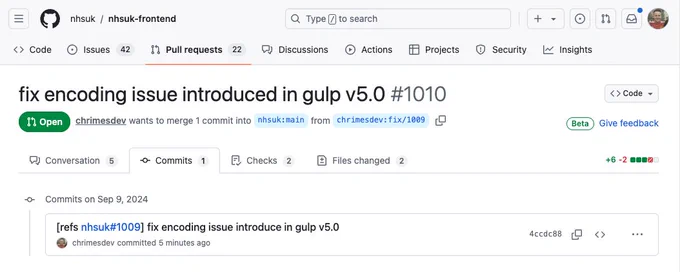 Screenshot of a pull request by chrimesdev on the nhsuk-frontend GitHub repository 