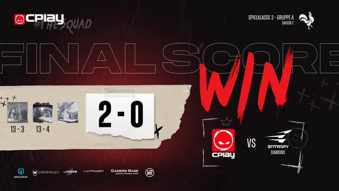 Final Score: CPLAY vs. Entropy Diamond; 2:0 Win; DACH CS Masters Saison 2 - Spielklasse 3 - Gruppe A - Spieltag 1