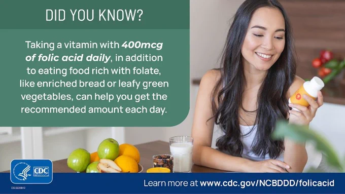 Person holding a bottle of folic acid vitamins with text in the foreground that reads “Did you know? Taking a vitamin with 400 mcg of folic acid daily, in addition to eating food rich with folate, like enriched bread or leafy green vegetables, can help you get the recommended amount each day.”