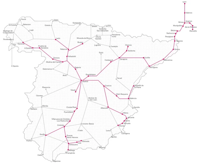 En color rojo, las líneas AVE de nueva construcción