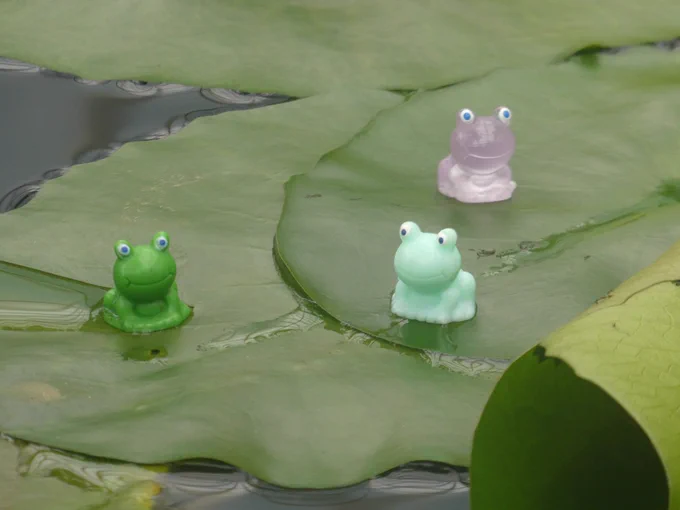 Thee colourful, small plastic frogs sit on lily pads.