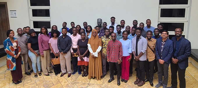 Family, friends and colleagues of the 2024 Research Experience for Nigerian Engineering Undergraduates cohort attended the final presentations on Sept. 2 at the University of Lagos campus. The event was led by UChicago Pritzker School of Molecular Engineering Asst. Prof. Chibueze Amanchukwu and Assoc. Prof. Shrayesh Patel (on right). (Photo courtesy Chibueze Amanchukwu)