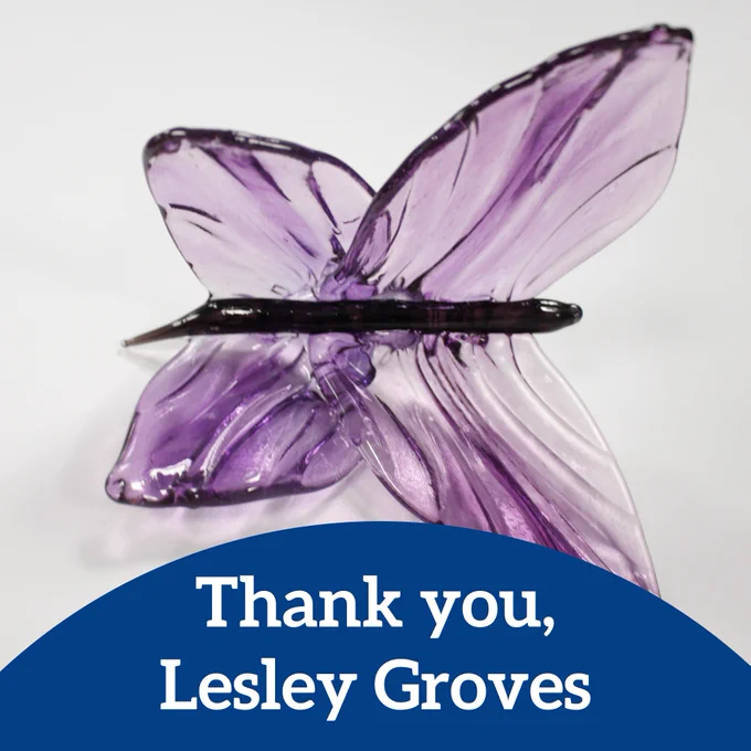 Purple butterfly with the text 'thank you, Lesley Groves'