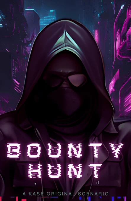 Promotional poster for the OSINT training scenario titled 'Orkla: Bounty Hunter'. The image features a shadowy figure in a hooded cloak set against a futuristic cityscape illuminated in neon purple and blue hues. The title 'BOUNTY HUNT' is prominently displayed in glowing purple digital font at the bottom, tagged as 'A KASE ORIGINAL SCENARIO'.