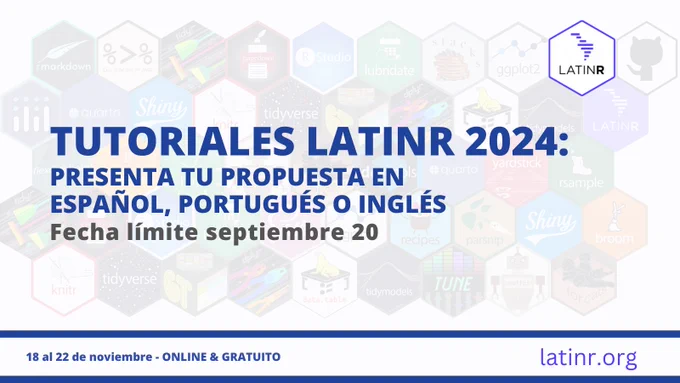 
👩🏽‍💻🧑🏽‍💻🔡 ¿Te gustaría compartir tus conocimientos en #R?

✨ ¡LatinR (@LatinR_Conf) tiene la oportunidad perfecta para ti! ✨

📨 ¡Mándales una propuesta de #tutorial interactivo y práctico en #R y sé parte de este gran evento!

📋 ¡Postúlate YA! ➡️ bit.ly/TL4T1NRC0NF