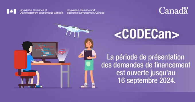 Illustration d’un enfant utilisant un ordinateur pour programmer une voiture-jouet robotisée et d’une autre enfant utilisant une tablette pour faire voler un drone. 
Texte : CodeCan. La période de présentation des demandes de financement est ouverte jusqu’au 16 septembre 2024.