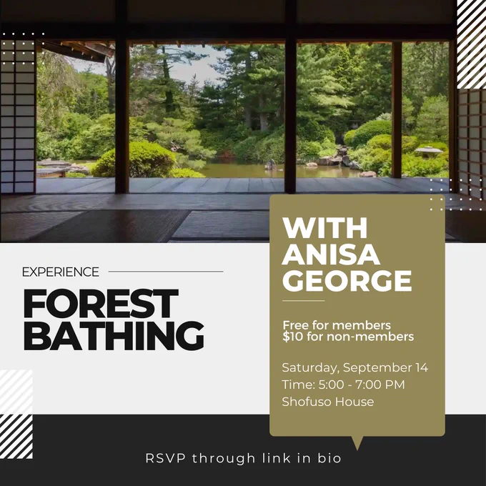 Experience Forest Bathing at Shofuso House with Anisa George on Saturday, September 14th from 5-7pm. This event is free for members and $10 for non-members.