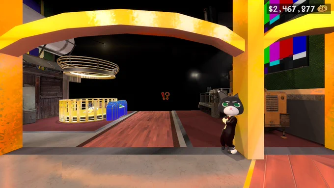 A Jazztronauts screenshot, from the view of the players' spawn position. Starting approximately halfway through the map selector room is split, with everything beyond the split seemingly totally black. Humorously, a "!?" marker is the only thing showing through the blackness. The Pianist is leaning against a column, looking nonchalant.