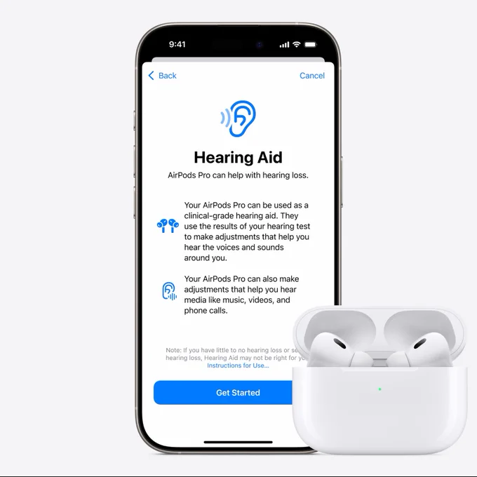 Photo of AirPods Pro connected to an iPhone, showcasing Apple’s new Hearing Aid feature. 