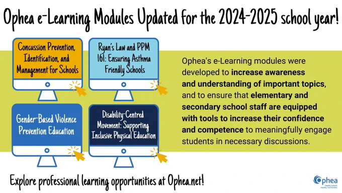 Ophea e-Learning Modules Updated for the 2024-2025 school year!

Concussion Prevention, Identification, and Management for Schools. Ryan's Law and PPM 161: Ensuring Asthma Friendly Schools. Gender-Based Violence Prevention Education. DIsability-Centred Movement: Supporting Inclusive Physical Education.

Ophea's e-Learning modules were developed to increase awareness and understanding of important topics,
and to ensure that elementary and secondary school staff are equipped
with tools to increase their confidence
and competence to meaningfully engage students in necessary discussions.

Explore professional learning opportunities at Ophea.net!

Ophea logo in bottom corner.