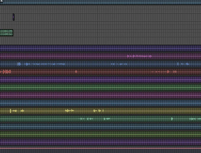 A ProTools edit window with numerous tracks.
