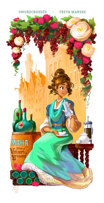 A colourful illustration of a young woman with brown curly hair wearing a turquoise-green dress over white skirts and sleeves, seated under a border of roses and grape-bearing vines. She's pouring a cup of hot chocolate and looking out of frame to her left. On a barrel nearby are the words MAHA: patron of vintners & brewers.