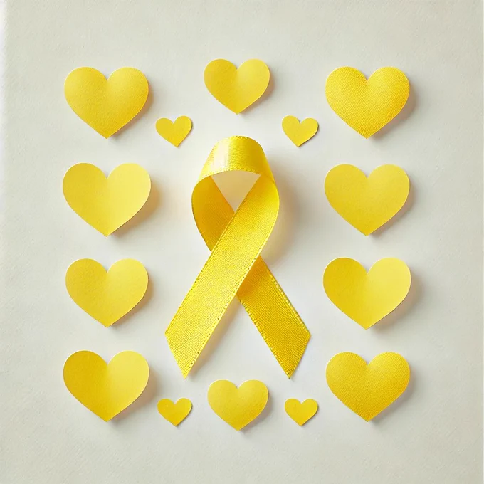A yellow ribbon surrounded by yellow hearts for World Suicide Prevention Day