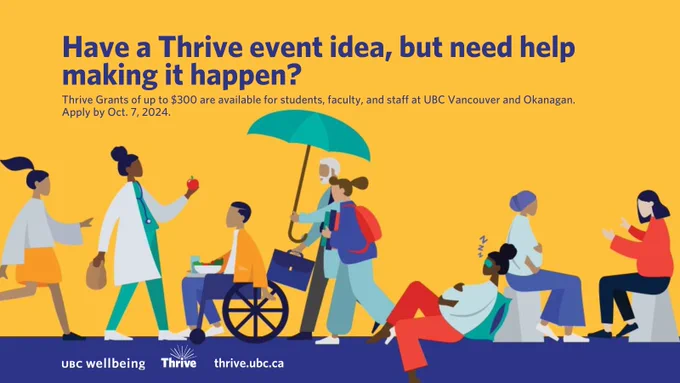 Animated figures of diverse people walking around and sitting. Heading embedded on graphic which says "Have a Thrive event idea, but need help making it happen? Thrive Grants of up to $300 are available for students, faculty, and staff at UBC Vancouver and Okanagan. Apply by Oct. 7, 2024."