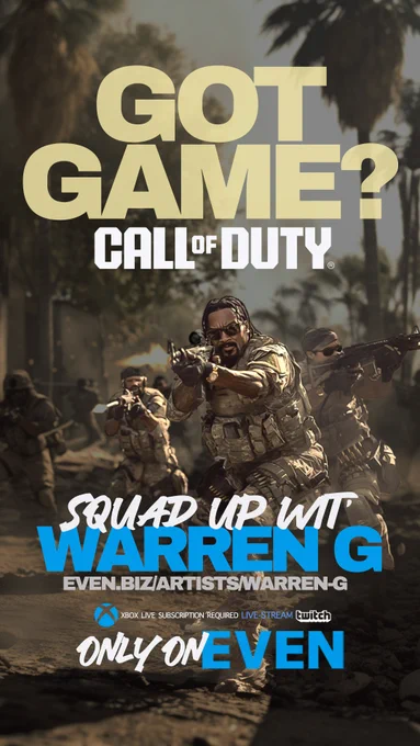 #Regulators Mount Up!!! It’s time to squad up for some #CallOfDuty action tonight. I’m jumping on the @Twitch stream, and I’m looking for a team that’s ready to roll with me in the battlefield. If you think you’ve got what it takes, drop your @Xbox Gamer Tags in the comments or hit me up directly on @even_biz. Let’s get this game locked in and see who’s got the skills to ride with G-Funk.

Don’t miss out, I’ll be live at 7:00pm (PST), so make sure you’re ready. If you can’t join the squad, tune in to the stream and catch all the action live. It's going down tonight—who’s stepping up? https://www.twitch.tv/warreng

Let’s get it! #GamerSquad #CallOfDutyLive #RegulatorsMountUp #GfunkStyle