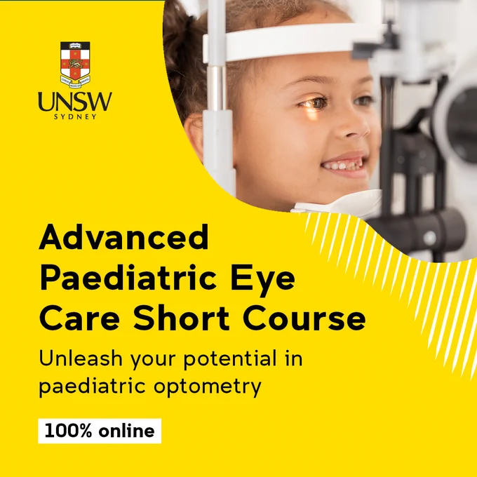 Social media tile advertising the Advanced Paediatric Eye Care Short Course.  100% online - unleash your potential in paediatric optometry - photo of young girl being examined with a slit lamp.