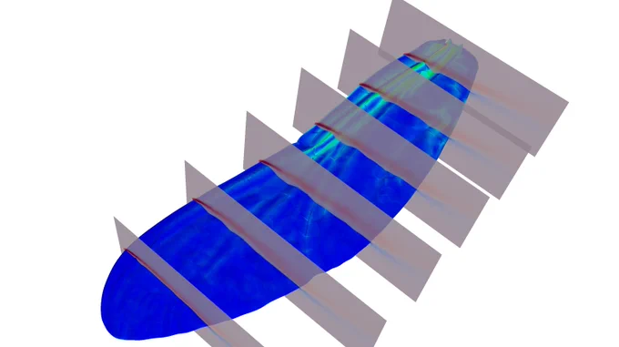 gliding simulation of a dragonfly wing with fluid-structure interaction (FSI) using Ansys Fluent   Ansys Mechanical (connected with System Coupling), showing cross-sectional vorticities and surface strains.
