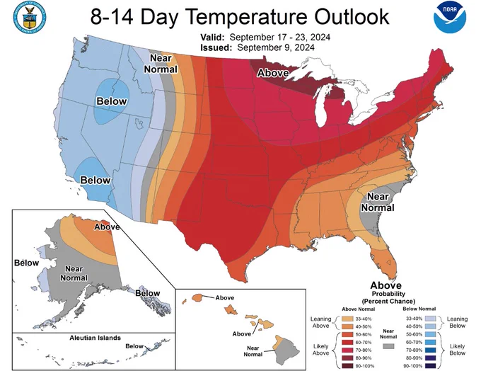 Climate Prediction Center 8-14 Day Outlook valid Sept 17-23 showing a 50-60% chance of below normal temperatures across Southern California