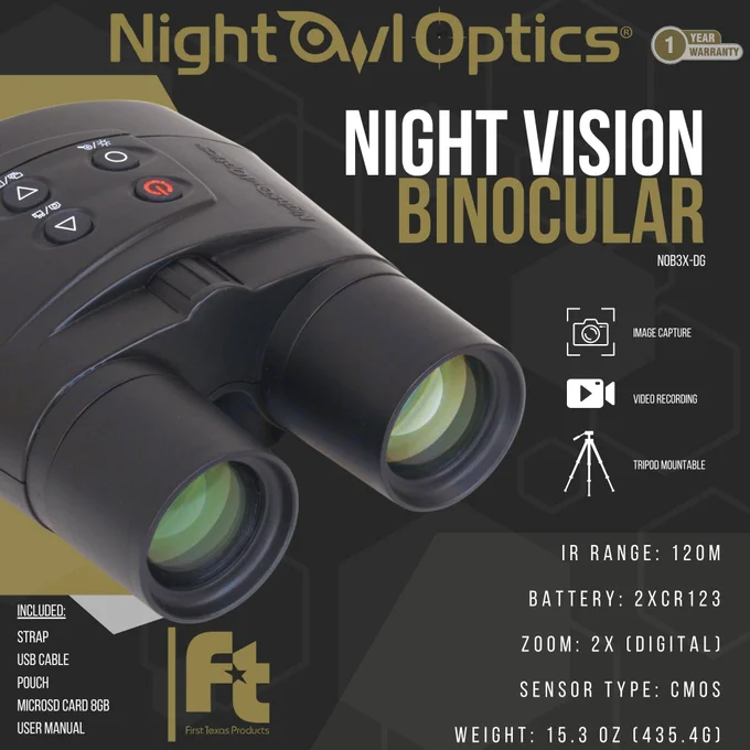 Night Vision Binocular with built-in Camera and Video Recorder, featuring adjustable eyepieces, infrared (IR) modes for enhanced low-light visibility, and 2x digital zoom. Includes options for photo and video capture, with a microSD card slot for storage. Ideal for nighttime exploration and outdoor activities.