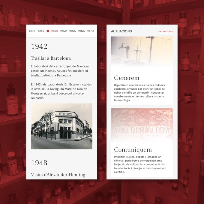 Dos exemples de diferents seccions del nou web de la Fundació Antoni Esteve en la seva versió mòbil.

