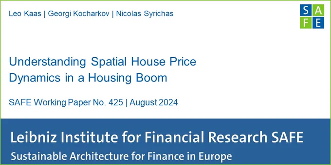 Cover of SAFE Working Paper No. 425 "Understanding Spatial House Price Dynamics in a Housing Boom" by Leo Kaas, Georgi Kocharkov, and Nicolas Syrichas.