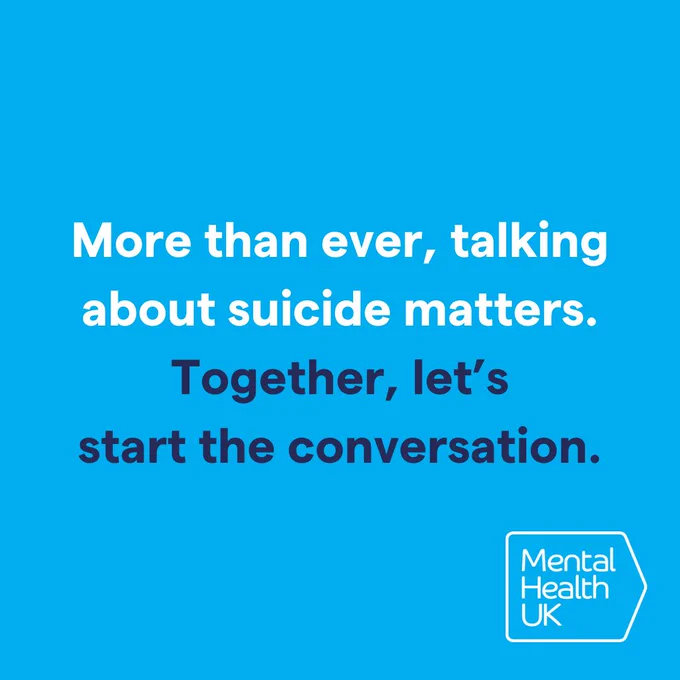A message in white and navy text on a blue background that says, "More than ever, talking about suicide matters. Together, let’s start the conversation."