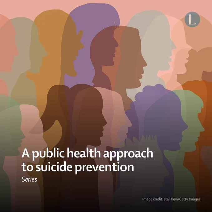 Promotional card for new Lancet Public Health Series on "Suicide prevention: A public health approach". The image shows silhouetted figures in muted, autumnal tones that overlap one another.