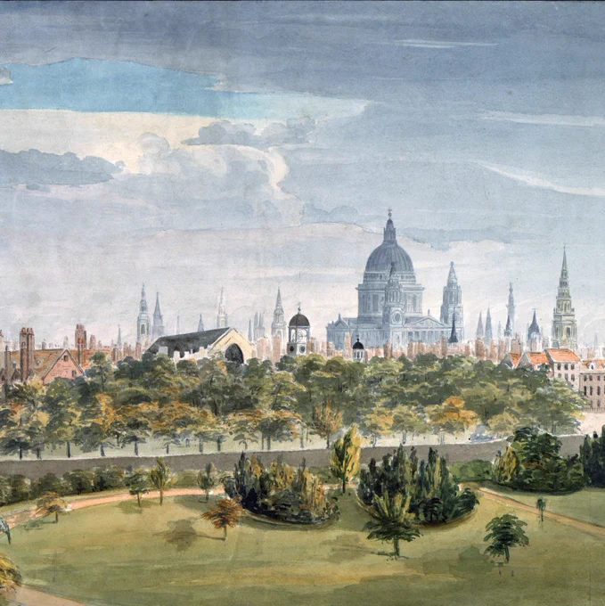 A drawing of the London skyline made from the roof of no. 13 Lincoln's Inn Fields in the summer of 1813, looking east towards of the city and the towering dome of St. Paul's Cathedral.