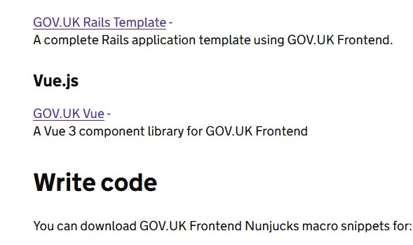 Listing for GOV.UK Vue on the design system 'Resources and tools' page with description 'A Vue 3 component library for GOV.UK Frontend', under a 'Vue.js' heading