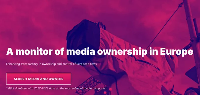 The image is a screenshot of the homepage of the Euromedia Ownership Monitor. It features a button to the search engine that allows users to search for media owners in all EU countries.