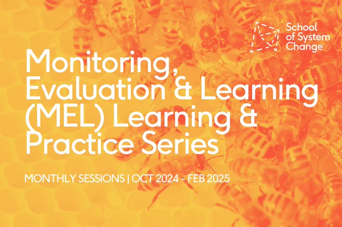 School-branded graphic promoting the MEL series. Title text reads, 'Monitoring, Evaluation and Learning (MEL) Learning and Practice Series'. Sub-text reads, 'Monthly sessions, October 2024 to February 2025'. The background is a yellow and orange duo-coloured photo of bees gathering in a hive.